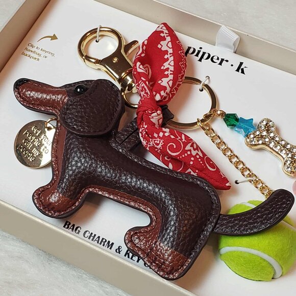 Boxed * PIPER K * Dachshund Dog Tennis Ball • Beads • Rhinestone Bone Bag Charm - Picture 2 of 16